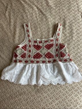 Boho Crochet Crop Top with White Eyelet Ruffle